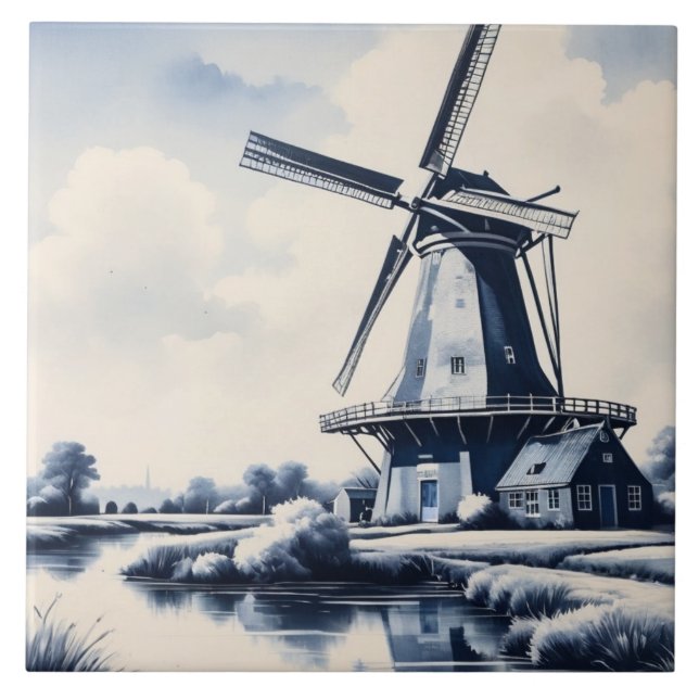 Delft Blue and White Windmill Traditional Dutch Ceramic Tile (Front)