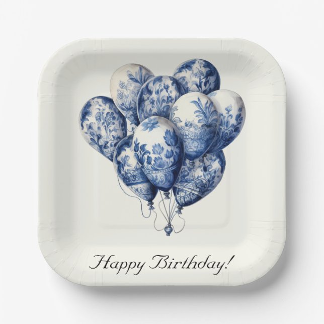 Delft Blue Balloons customizable Paper Plates (Front)