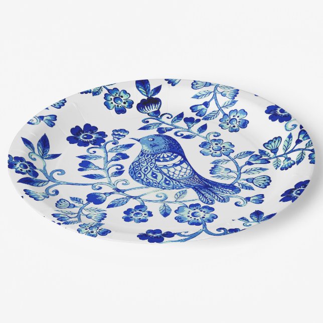 Delft Blue Bird 🐦 floral French Country Sctoll Paper Plates (Angled)
