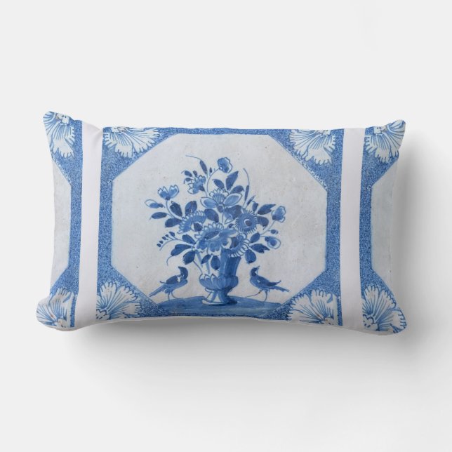 Delft Blue Birds floral French Country Chic Lumbar Pillow (Front)