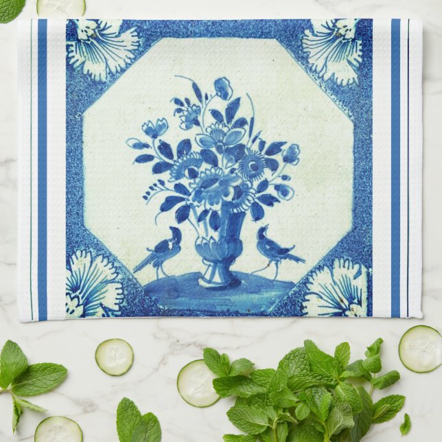 Delft Blue Birds floral French Country Elegance  Kitchen Towel (Folded)