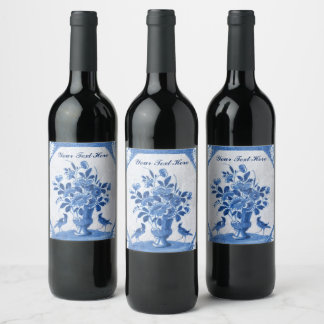 Delft Blue Birds floral French Country Elegance Wine Label