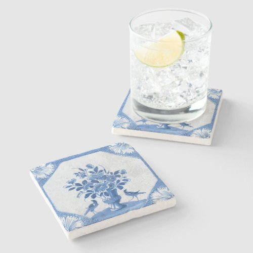 Delft Blue Birds floral French Country Toile Stone Coaster