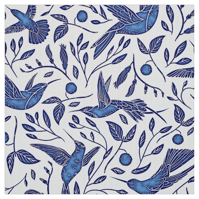 Delft Blue Birds Seamless Pattern Fabric (Swatch)