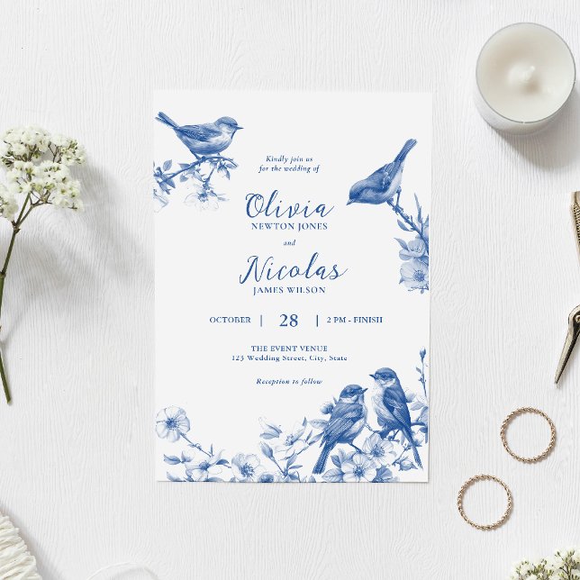 Delft Blue Birds Spring Wedding Invitation (Creator Uploaded)
