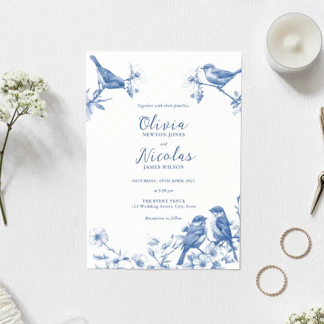 Blue Spring Invitations Delft Blue Birds Spring Wedding Invitation | Zazzle