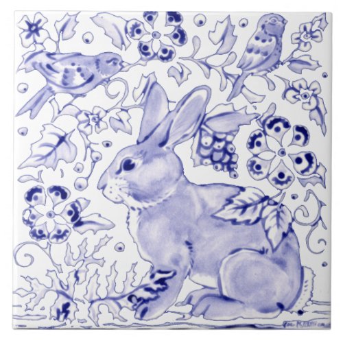 Delft Blue Bunny Rabbit Bird Dedham Elegant Rustic Ceramic Tile