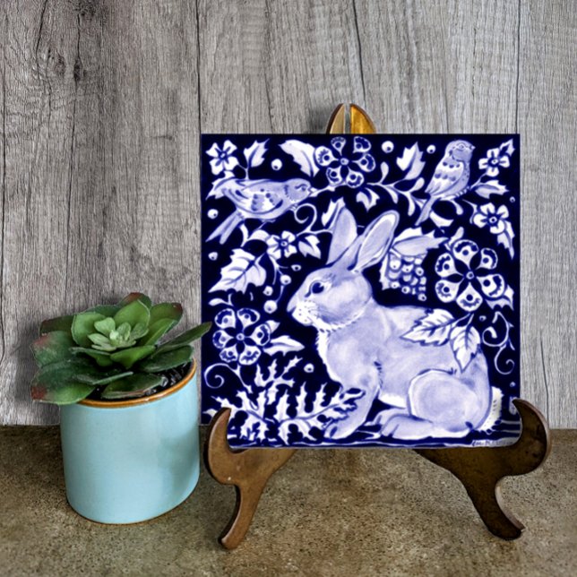 Delft Blue Bunny Rabbit Bird Dedham Elegant Rustic Ceramic Tile (Creator Uploaded)
