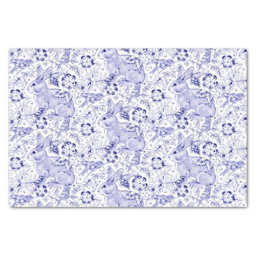 Delft Blue Bunny Rabbit Birds Elegant Chinoiserie Tissue Paper