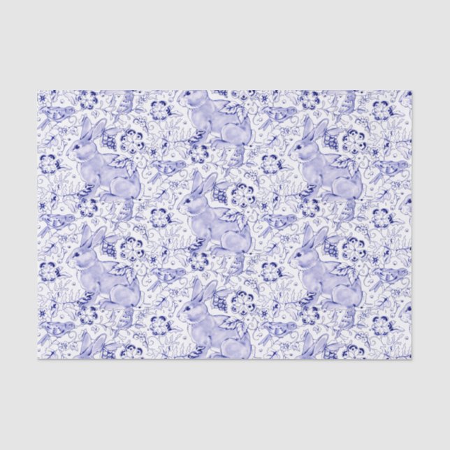 Delft Blue Bunny Rabbit Birds Elegant Chinoiserie Tissue Paper (Front)