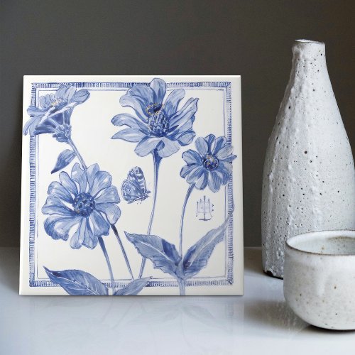 Delft Blue Butterfly Flower Wall Decor Art Deco Ceramic Tile