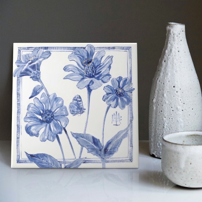 Delft Blue Butterfly Flower Wall Decor Art Deco Ceramic Tile (Creator Uploaded)