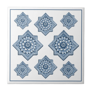 Delft Blue China Look Ornamental Floret Pattern Ceramic Tile
