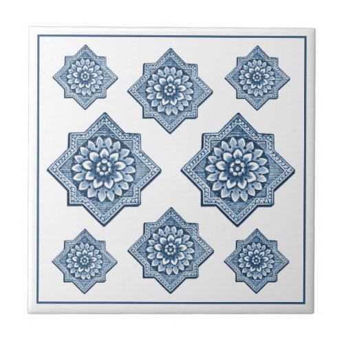 Delft Blue China Look Ornamental Floret Pattern  Ceramic Tile