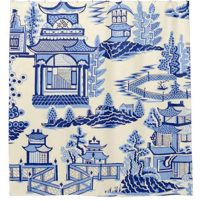 Delft Blue China Ming Dynasty Tea House Shower Curtain (Front)