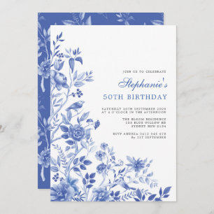 Delft Blue Chinoiserie Floral Women 50th Birthday Invitation