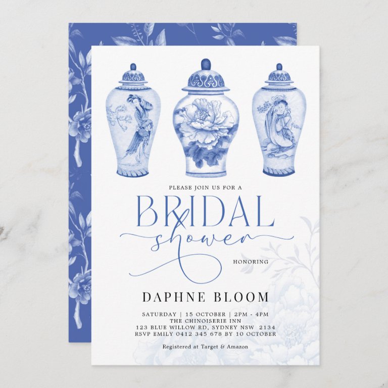 Delft Blue Chinoiserie Ginger Jars Bridal Shower                    Invitation