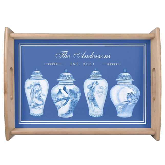 Delft Blue Chinoiserie Ginger Jars Family Monogram Serving Tray (Front)