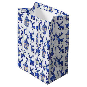 Delft Blue Christmas Reindeer and Lantern Holiday Medium Gift Bag