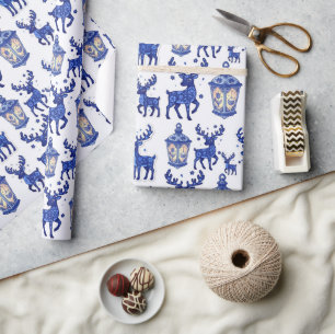 Delft Blue Christmas Reindeer and Lantern Holiday Wrapping Paper
