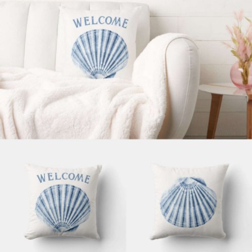 Delft Blue Clam Sea Shell Nautical Beach House Throw Pillow