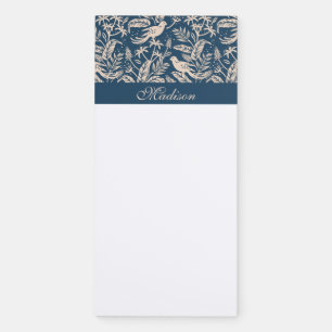 Delft Blue Cream Floral Birds Elegant Script Name Magnetic Notepad
