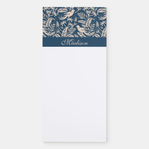 Delft Blue Cream Floral Birds Elegant Script Name Magnetic Notepad