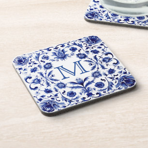 Delft blue design monogram beverage coaster