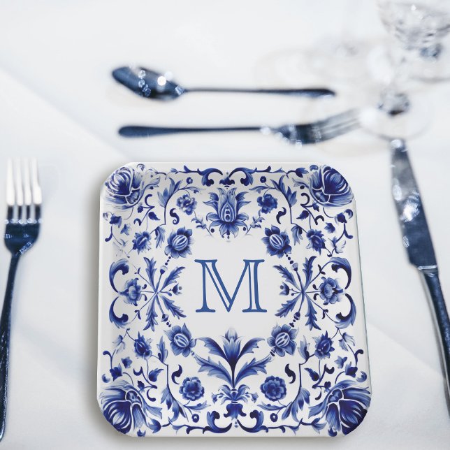 Delft blue design monogram  paper plates (Creator Uploaded)