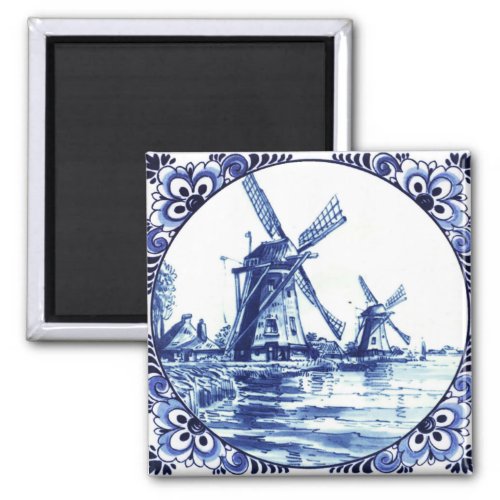 Delft Blue Double Windmill Farmhouse Painting Magnet