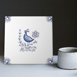 Delft Blue Dutch Style Bird Flowers Indigo Ceramic Ceramic Tile