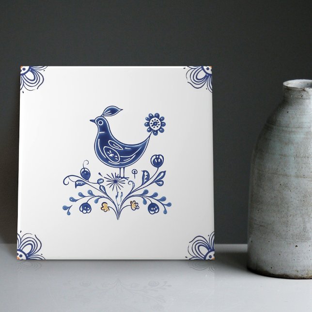 Delft Blue Dutch Style Bird Flowers Indigo Ceramic Ceramic Tile (Creator Uploaded)