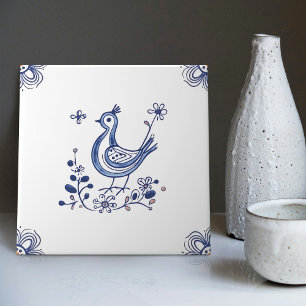 Delft Blue Dutch Style Bird Flowers Indigo Ceramic Tile
