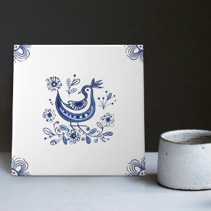 Delft Blue Dutch Style Bird Flowers Indigo Ceramic Tile