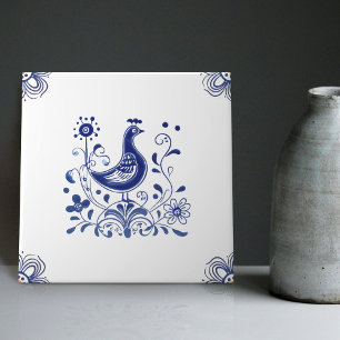 Delft Blue Dutch Style Bird Flowers Indigo Ceramic Tile
