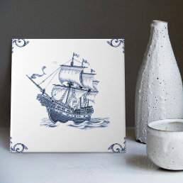 Delft Blue Dutch Style Frigate Schooner Sail Boat  Ceramic Tile