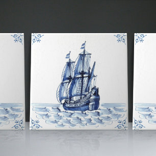 Delft Blue Dutch Style Frigate Schooner Sail Boat Ceramic Tile