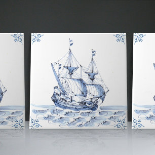 Delft Blue Dutch Style Frigate Schooner Sail Boat Ceramic Tile