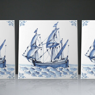 Delft Blue Dutch Style Frigate Schooner Sail Boat Ceramic Tile