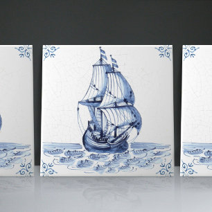 Delft Blue Dutch Style Frigate Schooner Sail Boat Ceramic Tile