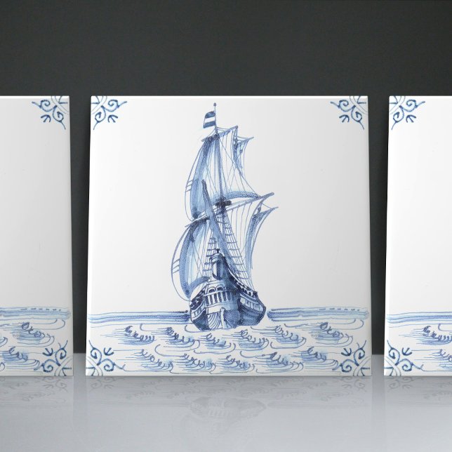 Delft Blue Dutch Style Frigate Schooner Sail Boat  Ceramic Tile (Creator Uploaded)