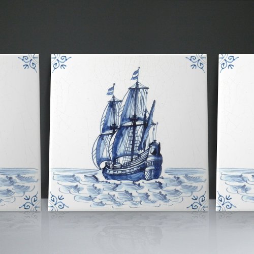 Delft Blue Dutch Style Frigate Schooner Sail Boat  Ceramic Tile