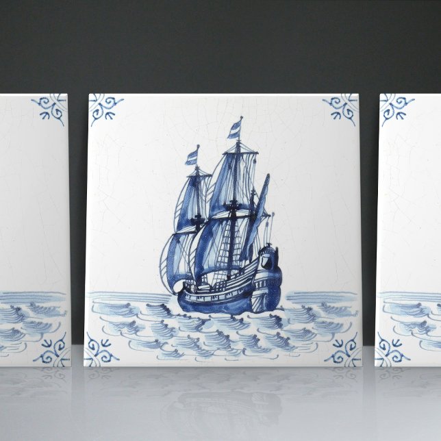 Delft Blue Dutch Style Frigate Schooner Sail Boat  Ceramic Tile (Creator Uploaded)