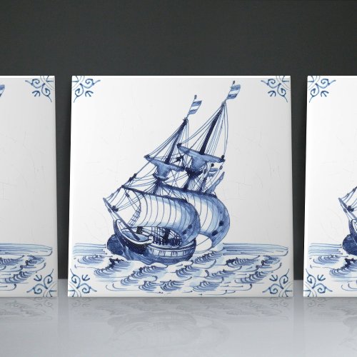 Delft Blue Dutch Style Frigate Schooner Sail Boat  Ceramic Tile