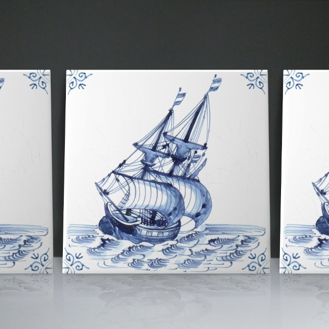 Delft Blue Dutch Style Frigate Schooner Sail Boat  Ceramic Tile (Creator Uploaded)