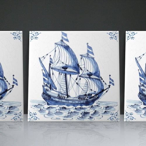 Delft Blue Dutch Style Frigate Schooner Sail Boat  Ceramic Tile