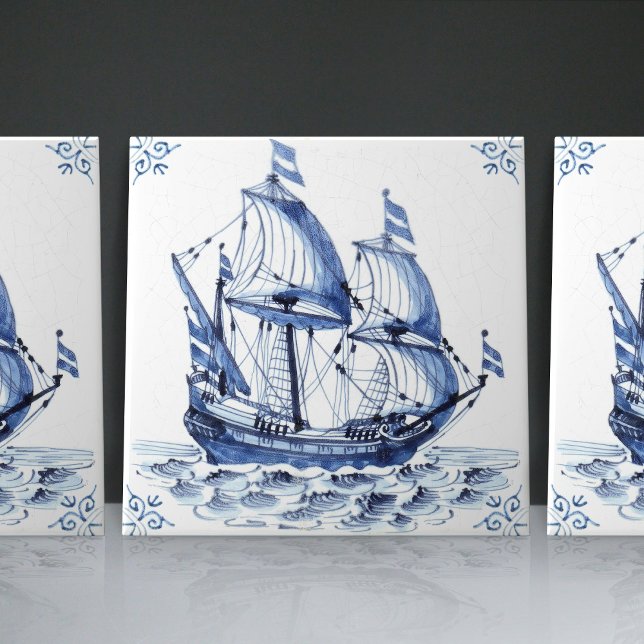 Delft Blue Dutch Style Frigate Schooner Sail Boat  Ceramic Tile (Creator Uploaded)