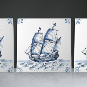 Delft Blue Dutch Style Frigate Schooner Sail Boat Ceramic Tile