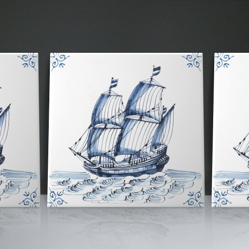 Delft Blue Dutch Style Frigate Schooner Sail Boat  Ceramic Tile