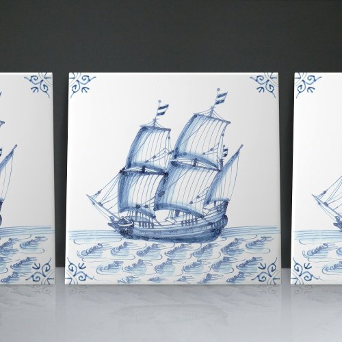 Delft Blue Dutch Style Frigate Schooner Sail Boat  Ceramic Tile